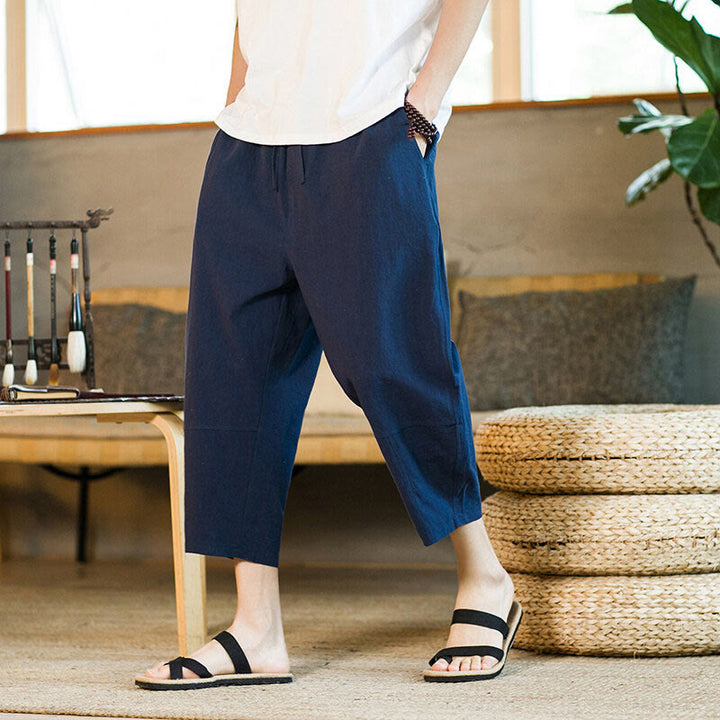 Pantaloni harem da uomo in lino e cotone con coulisse, tinta unita, con tasche e design semplice Buddha Stones - image 33