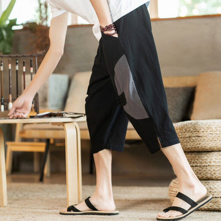 Pantaloni da uomo in cotone e lino con coulisse, con tasche, modello Buddha Stones, casual, a blocchi di colore, lunghezza 7-8