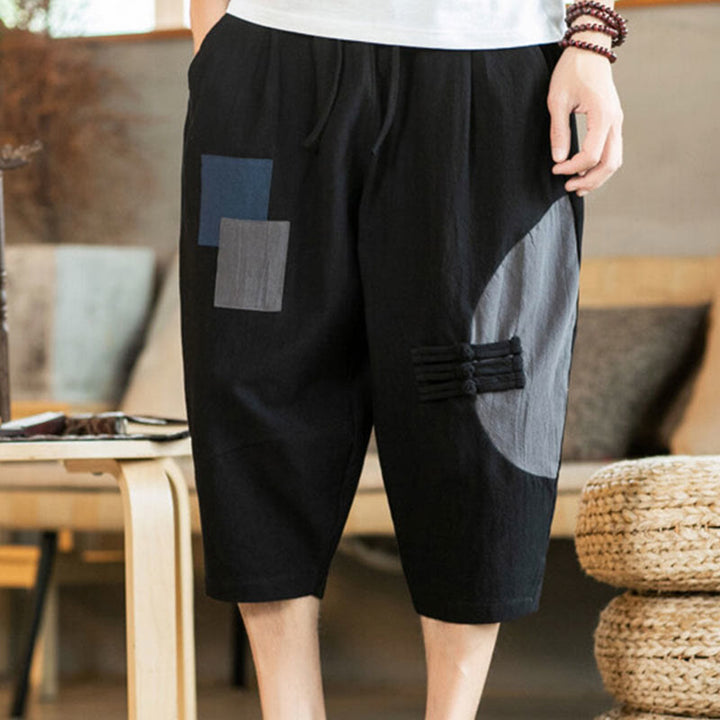 Pantaloni da uomo in cotone e lino con coulisse, con tasche, modello Buddha Stones, casual, a blocchi di colore, lunghezza 7-8