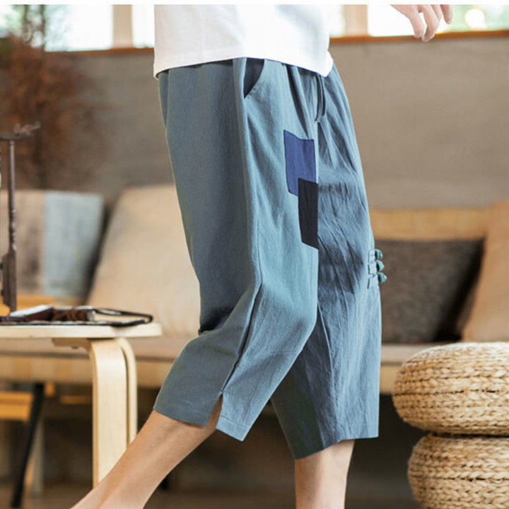 Pantaloni da uomo in cotone e lino con coulisse, con tasche, modello Buddha Stones, casual, a blocchi di colore, lunghezza 7-8
