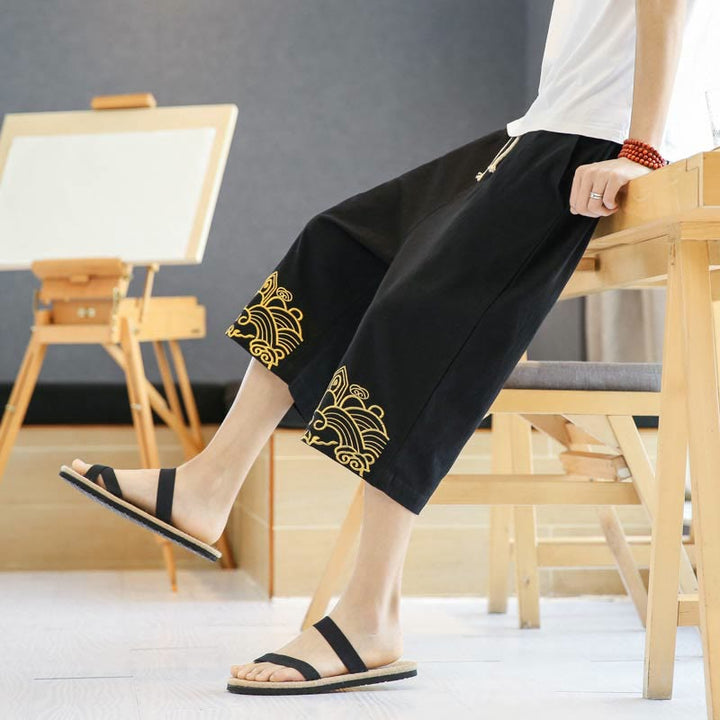 Pantaloni harem da uomo in cotone e lino con coulisse, lunghezza 7-8, con tasche, motivo Buddha Stones, casual e primaverili, con ricamo - image 7