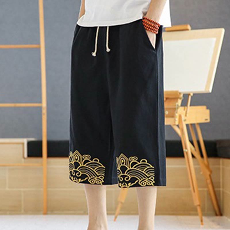 Pantaloni harem da uomo in cotone e lino con coulisse, lunghezza 7-8, con tasche, motivo Buddha Stones, casual e primaverili, con ricamo - image 3
