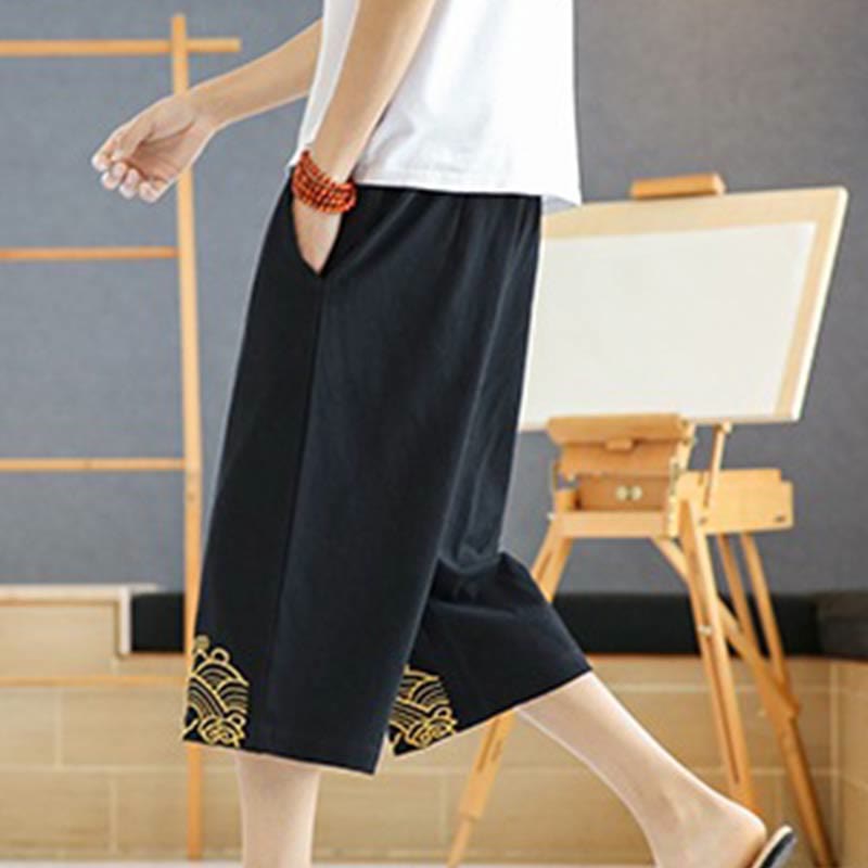 Pantaloni harem da uomo in cotone e lino con coulisse, lunghezza 7-8, con tasche, motivo Buddha Stones, casual e primaverili, con ricamo - image 2