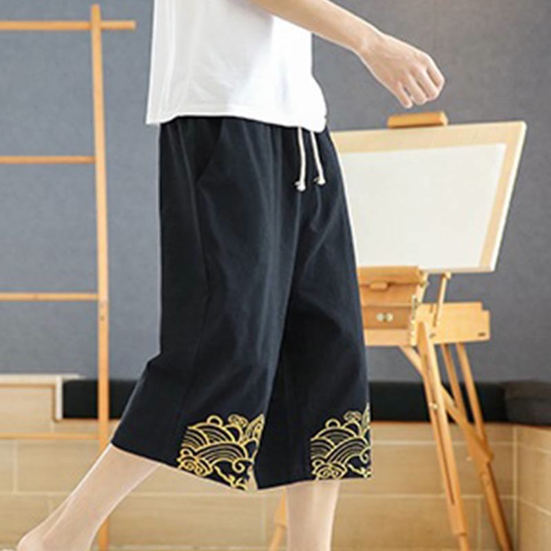 Pantaloni harem da uomo in cotone e lino con coulisse, lunghezza 7-8, con tasche, motivo Buddha Stones, casual e primaverili, con ricamo - image 4