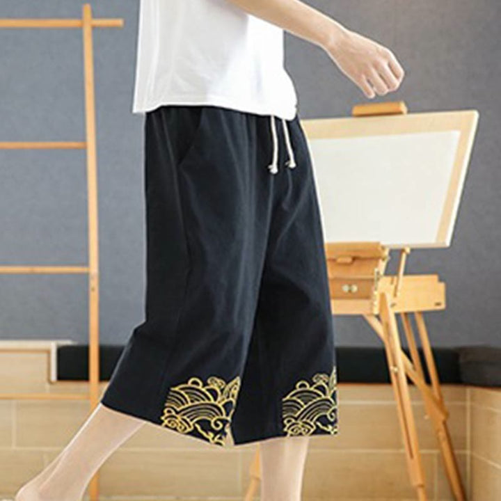 Pantaloni harem da uomo in cotone e lino con coulisse, lunghezza 7-8, con tasche, motivo Buddha Stones, casual e primaverili, con ricamo - image 4