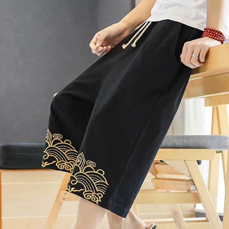 Pantaloni harem da uomo in cotone e lino con coulisse, lunghezza 7-8, con tasche, motivo Buddha Stones, casual e primaverili, con ricamo - image 6