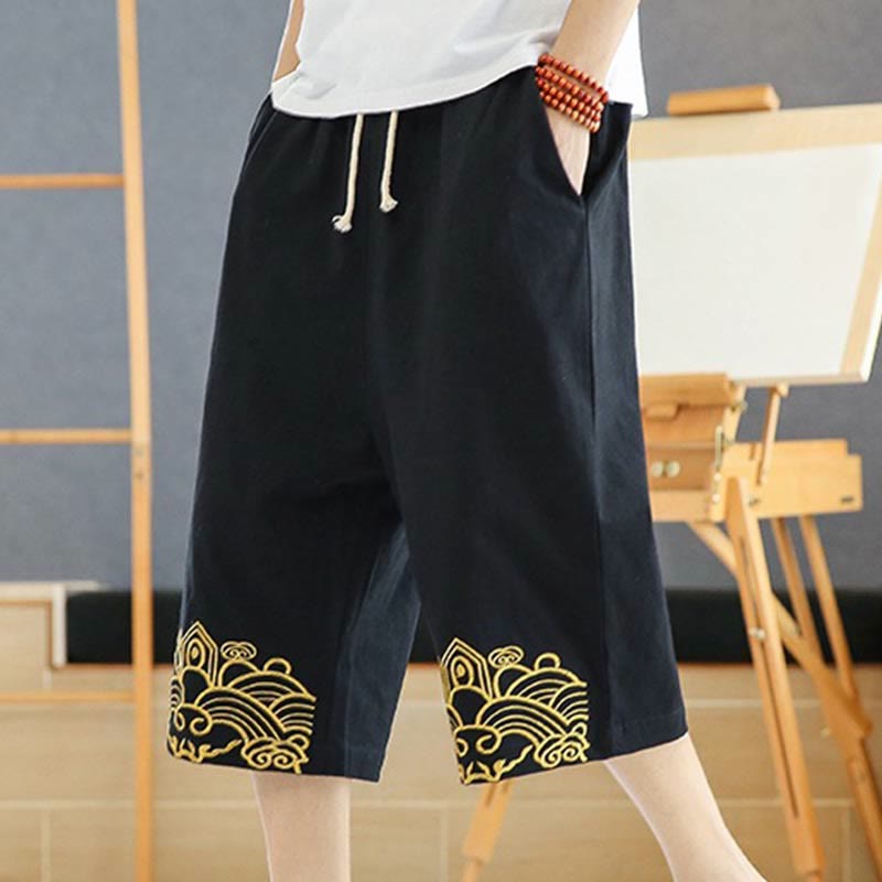 Pantaloni harem da uomo in cotone e lino con coulisse, lunghezza 7-8, con tasche, motivo Buddha Stones, casual e primaverili, con ricamo - Nero - US/UK/AU46, EU56 (5XL) - image 0