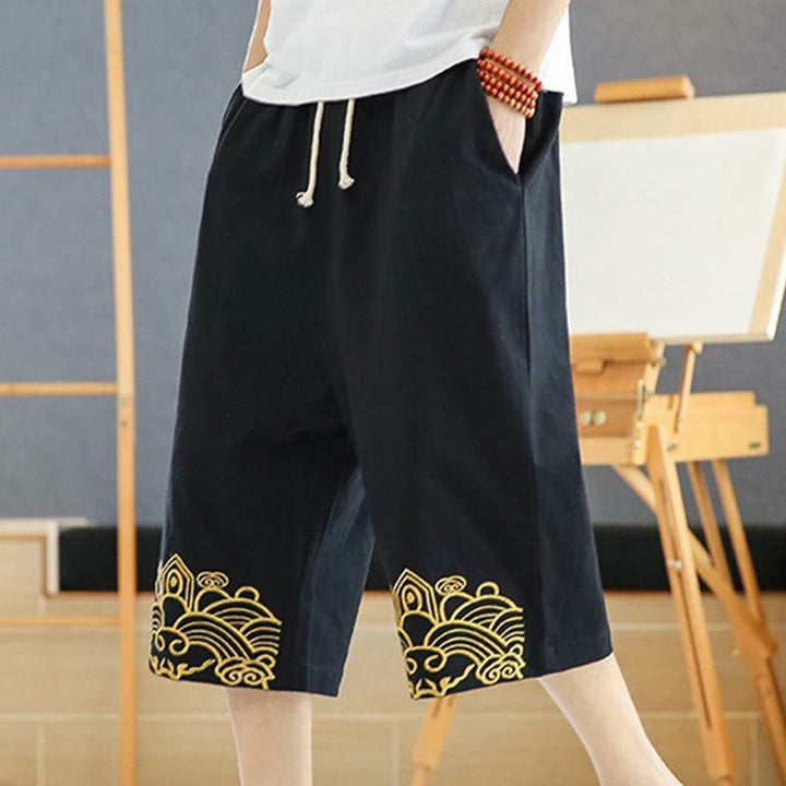 Pantaloni harem da uomo in cotone e lino con coulisse, lunghezza 7-8, con tasche, motivo Buddha Stones, casual e primaverili, con ricamo - Nero - US/UK/AU46, EU56 (5XL) - image 0