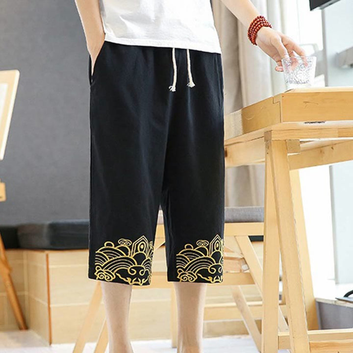 Pantaloni harem da uomo in cotone e lino con coulisse, lunghezza 7-8, con tasche, motivo Buddha Stones, casual e primaverili, con ricamo - image 1