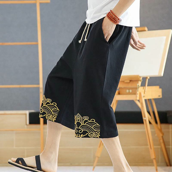 Pantaloni harem da uomo in cotone e lino con coulisse, lunghezza 7-8, con tasche, motivo Buddha Stones, casual e primaverili, con ricamo - image 5