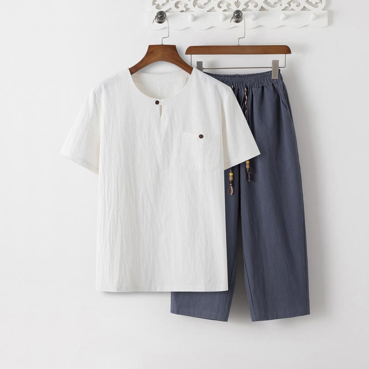 Set di 2 pezzi estivi Buddha Stones, maglietta girocollo con coulisse, pantaloni lunghi 7-8, tuta da meditazione in lino e cotone, da uomo, con tasche