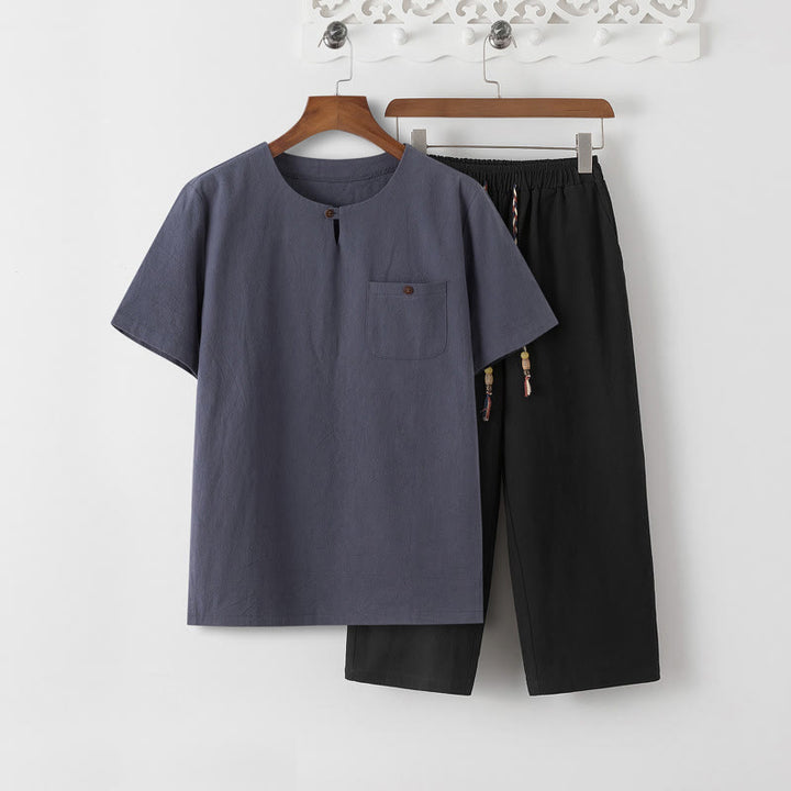Set di 2 pezzi estivi Buddha Stones, maglietta girocollo con coulisse, pantaloni lunghi 7-8, tuta da meditazione in lino e cotone, da uomo, con tasche