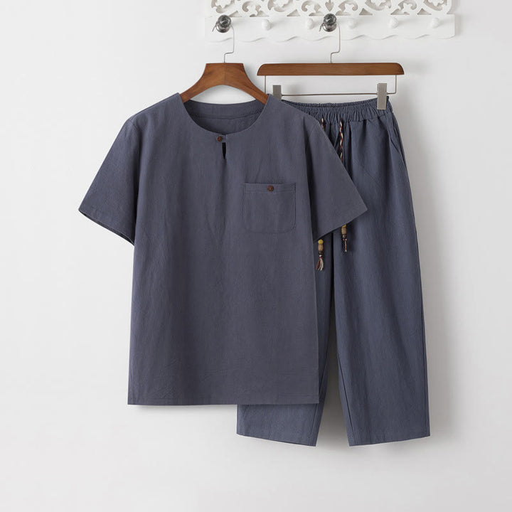 Set di 2 pezzi estivi Buddha Stones, maglietta girocollo con coulisse, pantaloni lunghi 7-8, tuta da meditazione in lino e cotone, da uomo, con tasche