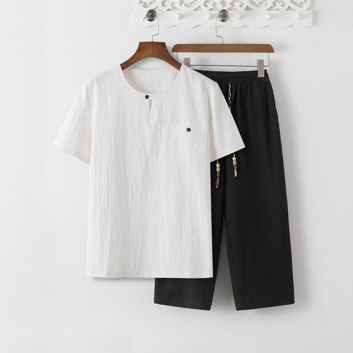 Set di 2 pezzi estivi Buddha Stones , maglietta a maniche corte, pantaloni lunghi 7-8, tuta in lino e cotone, per meditazione da uomo, con tasche - Maglietta bianca e pantaloni neri - US/UK/AU46, EU56 (5XL) - image 15