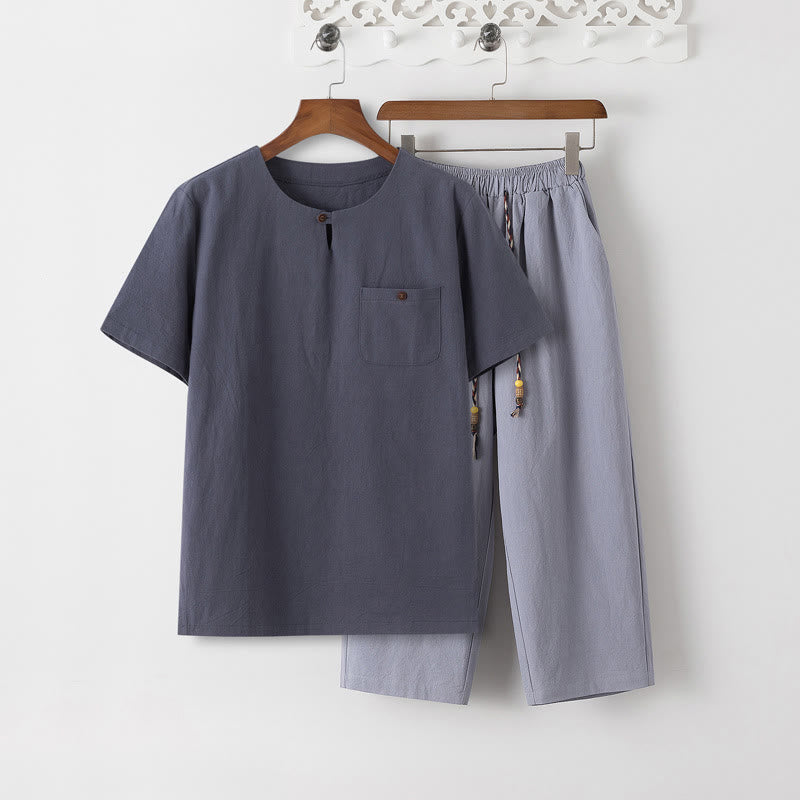 Set di 2 pezzi estivi Buddha Stones, maglietta girocollo con coulisse, pantaloni lunghi 7-8, tuta da meditazione in lino e cotone, da uomo, con tasche