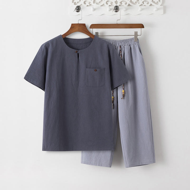 Set di 2 pezzi estivi Buddha Stones, maglietta girocollo con coulisse, pantaloni lunghi 7-8, tuta da meditazione in lino e cotone, da uomo, con tasche