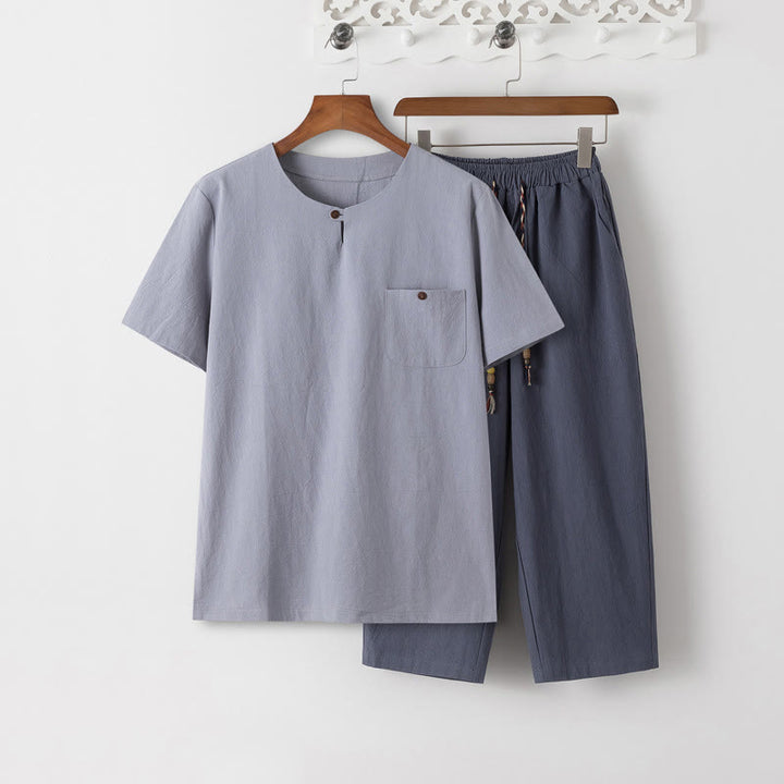 Set di 2 pezzi estivi Buddha Stones, maglietta girocollo con coulisse, pantaloni lunghi 7-8, tuta da meditazione in lino e cotone, da uomo, con tasche