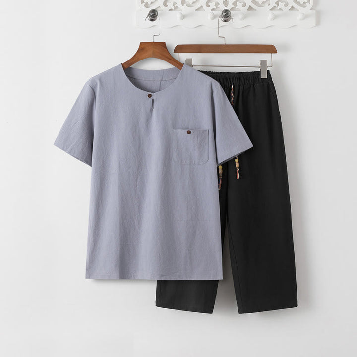 Set di 2 pezzi estivi Buddha Stones, maglietta girocollo con coulisse, pantaloni lunghi 7-8, tuta da meditazione in lino e cotone, da uomo, con tasche