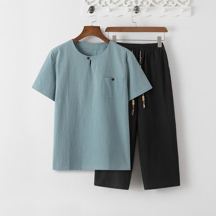 Set di 2 pezzi estivi Buddha Stones, maglietta girocollo con coulisse, pantaloni lunghi 7-8, tuta da meditazione in lino e cotone, da uomo, con tasche