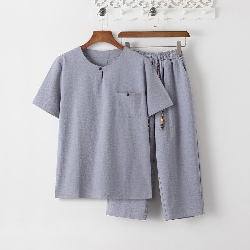 Set di 2 pezzi estivi Buddha Stones , maglietta a maniche corte, pantaloni lunghi 7-8, tuta in lino e cotone, per meditazione da uomo, con tasche - Maglietta LightSteelBlue e pantaloni LightSteelBlue - US/UK/AU46, EU56 (5XL) - image 10
