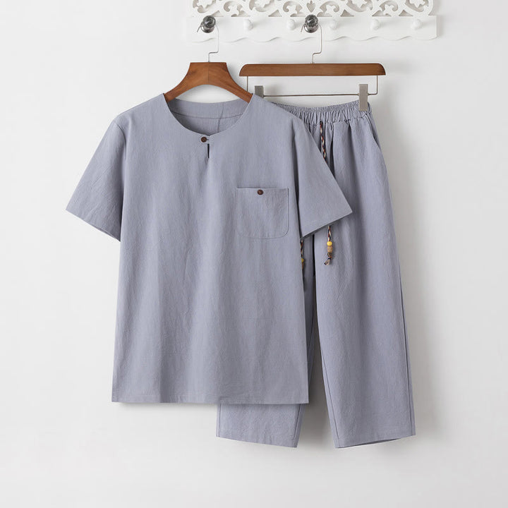 Set di 2 pezzi estivi Buddha Stones , maglietta a maniche corte, pantaloni lunghi 7-8, tuta in lino e cotone, per meditazione da uomo, con tasche - Maglietta LightSteelBlue e pantaloni LightSteelBlue - US/UK/AU46, EU56 (5XL) - image 10