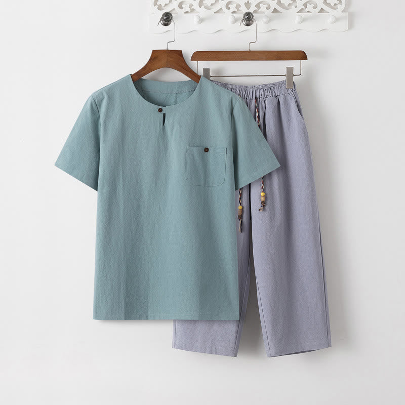 Set di 2 pezzi estivi Buddha Stones, maglietta girocollo con coulisse, pantaloni lunghi 7-8, tuta da meditazione in lino e cotone, da uomo, con tasche
