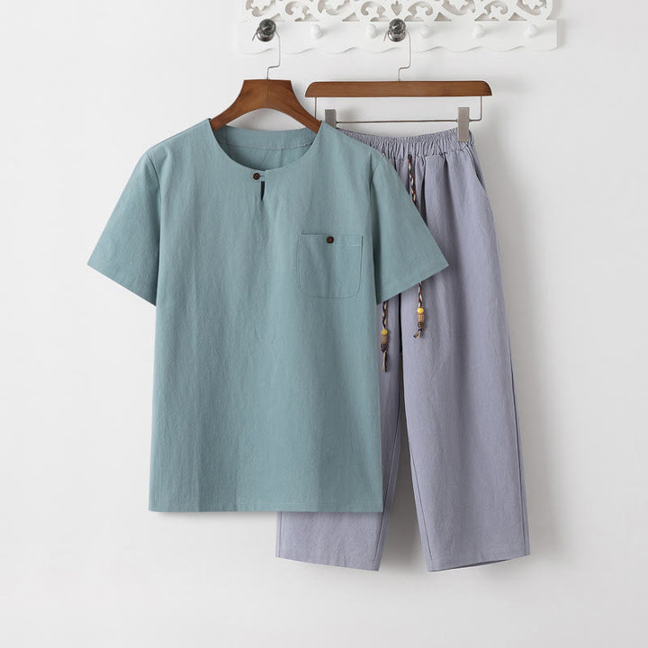 Set di 2 pezzi estivi Buddha Stones, maglietta girocollo con coulisse, pantaloni lunghi 7-8, tuta da meditazione in lino e cotone, da uomo, con tasche