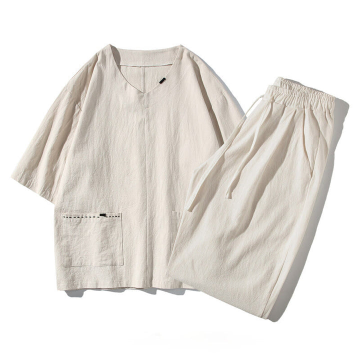 Set da meditazione da uomo in lino e cotone con tasche, 2 Buddha Stones , tinta unita, t-shirt con scollo a V e coulisse, pantaloni lunghi 7-8.