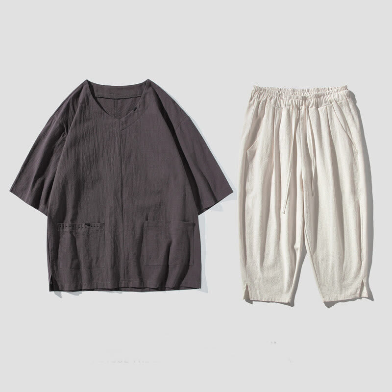 Set da meditazione da uomo in lino e cotone con tasche, 2 Buddha Stones , tinta unita, t-shirt con scollo a V e coulisse, pantaloni lunghi 7-8.