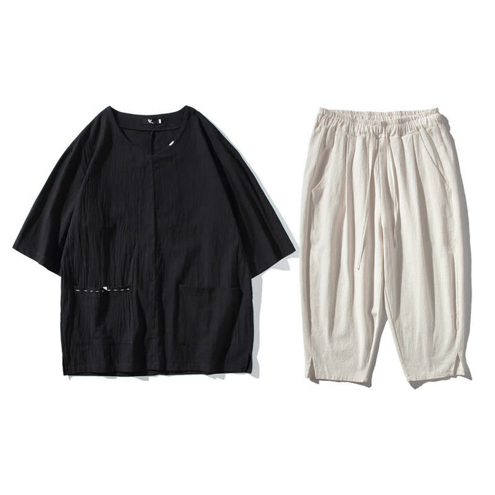 Set da meditazione da uomo in lino e cotone con tasche, 2 Buddha Stones , tinta unita, t-shirt con scollo a V e coulisse, pantaloni lunghi 7-8.