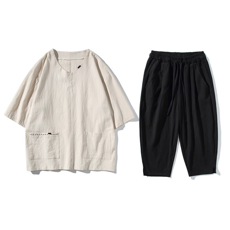 Set da meditazione da uomo in lino e cotone con tasche, 2 Buddha Stones , tinta unita, t-shirt con scollo a V e coulisse, pantaloni lunghi 7-8.