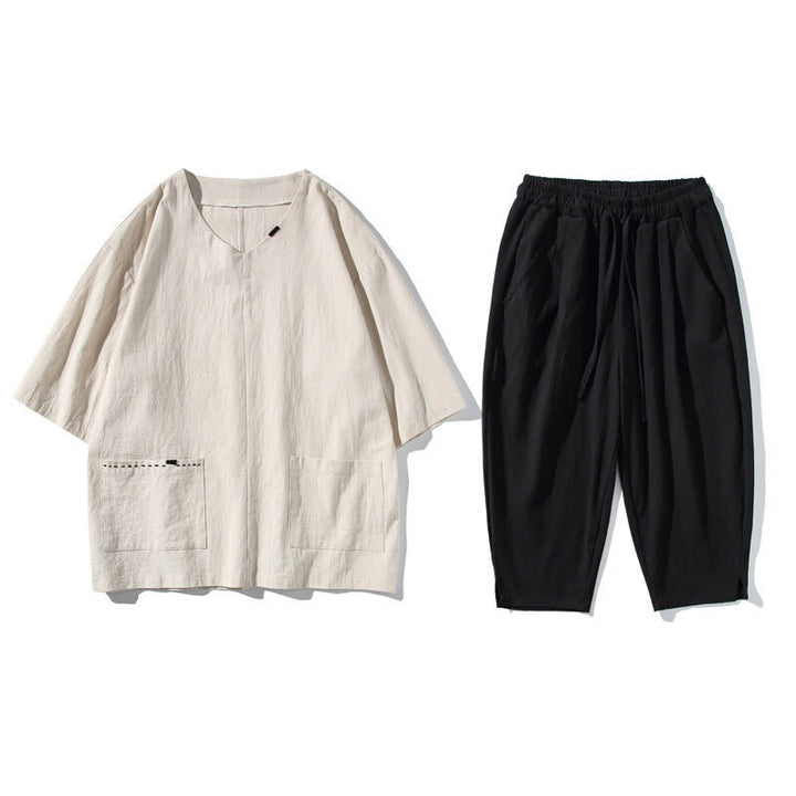 Set da meditazione da uomo in lino e cotone con tasche, 2 Buddha Stones , tinta unita, t-shirt con scollo a V e coulisse, pantaloni lunghi 7-8.