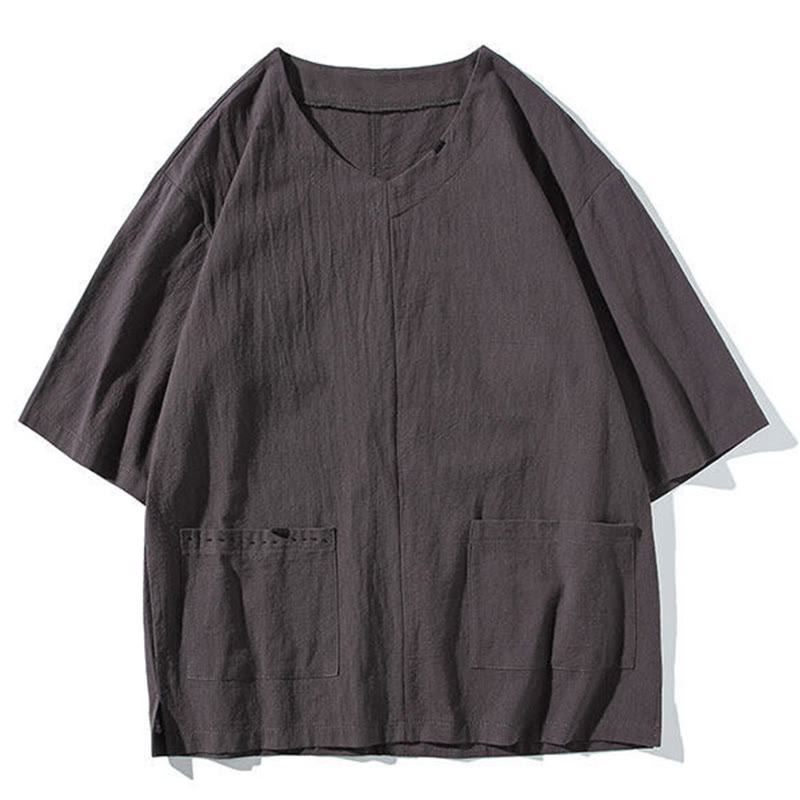 Set da meditazione da uomo in lino e cotone con tasche, 2 Buddha Stones , tinta unita, t-shirt con scollo a V e coulisse, pantaloni lunghi 7-8.