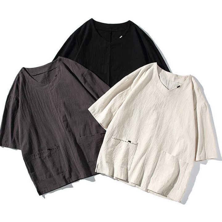 Set da meditazione da uomo in lino e cotone con tasche, 2 Buddha Stones , tinta unita, t-shirt con scollo a V e coulisse, pantaloni lunghi 7-8.