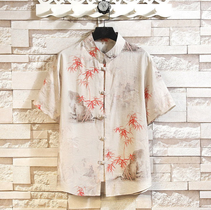 Camicia da uomo con giacca e motivo a farfalla in bambù estivo con Buddha Stones e bottoni a rana