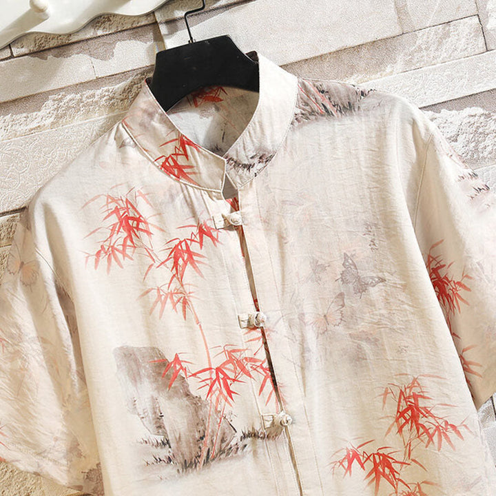 Camicia da uomo con giacca e motivo a farfalla in bambù estivo con Buddha Stones e bottoni a rana