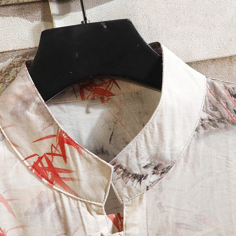Camicia da uomo con giacca e motivo a farfalla in bambù estivo con Buddha Stones e bottoni a rana