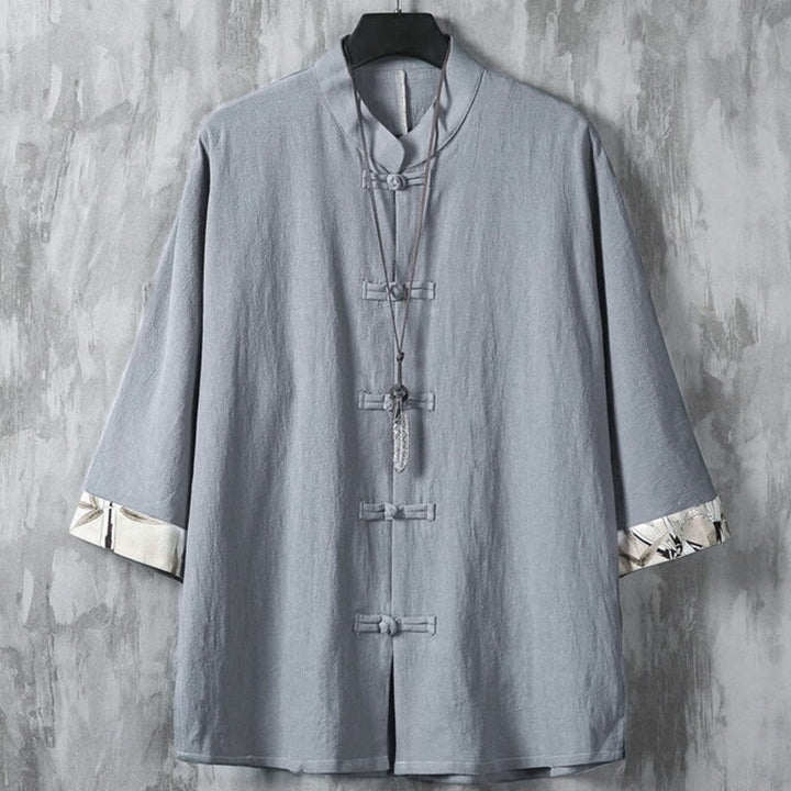 Giacca da uomo in cotone e lino con motivo patchwork, motivo estivo semplice con rana cinese e bottoni, motivo Buddha Stones