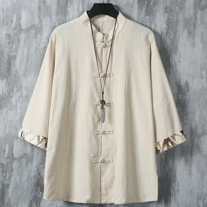 Giacca da uomo in cotone e lino con motivo patchwork a mezza manica con bottoni a forma di rana Buddha Stones - Beige - US/UK/AU46, EU56 (5XL) - image 12