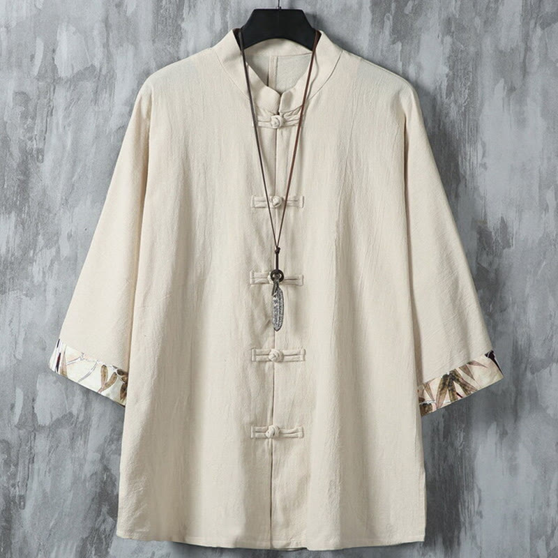 Giacca da uomo in cotone e lino con motivo patchwork a mezza manica con bottoni a forma di rana Buddha Stones - Beige - US/UK/AU46, EU56 (5XL) - image 12