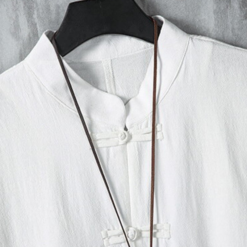 Giacca da uomo in cotone e lino con motivo patchwork a mezza manica con bottoni a forma di rana Buddha Stones - image 4