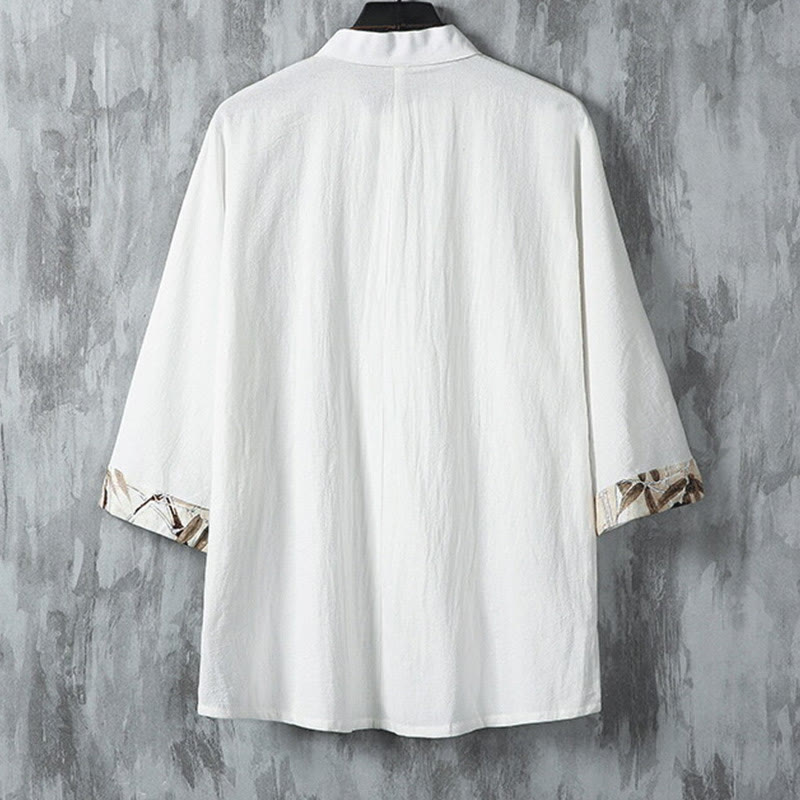 Giacca da uomo in cotone e lino con motivo patchwork a mezza manica con bottoni a forma di rana Buddha Stones - image 3