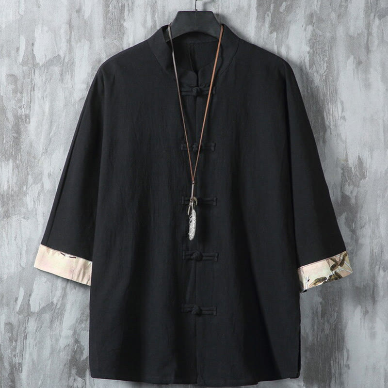 Giacca da uomo in cotone e lino con motivo patchwork a mezza manica con bottoni a forma di rana Buddha Stones - Nero - US/UK/AU46, EU56 (5XL) - image 1