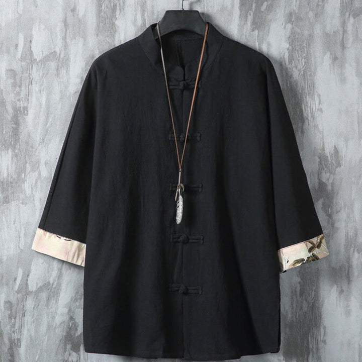 Giacca da uomo in cotone e lino con motivo patchwork a mezza manica con bottoni a forma di rana Buddha Stones - Nero - US/UK/AU46, EU56 (5XL) - image 1