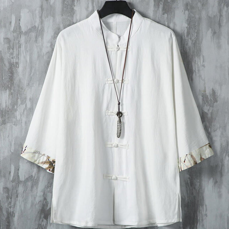 Giacca da uomo in cotone e lino con motivo patchwork a mezza manica con bottoni a forma di rana Buddha Stones - Bianco - US/UK/AU46, EU56 (5XL) - image 2