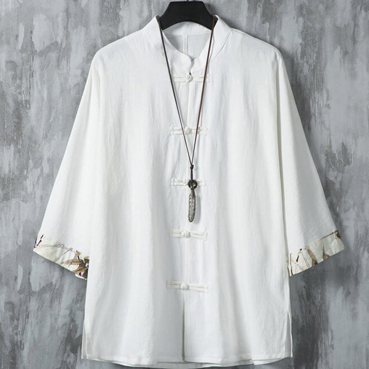 Giacca da uomo in cotone e lino con motivo patchwork a mezza manica con bottoni a forma di rana Buddha Stones - Bianco - US/UK/AU46, EU56 (5XL) - image 2