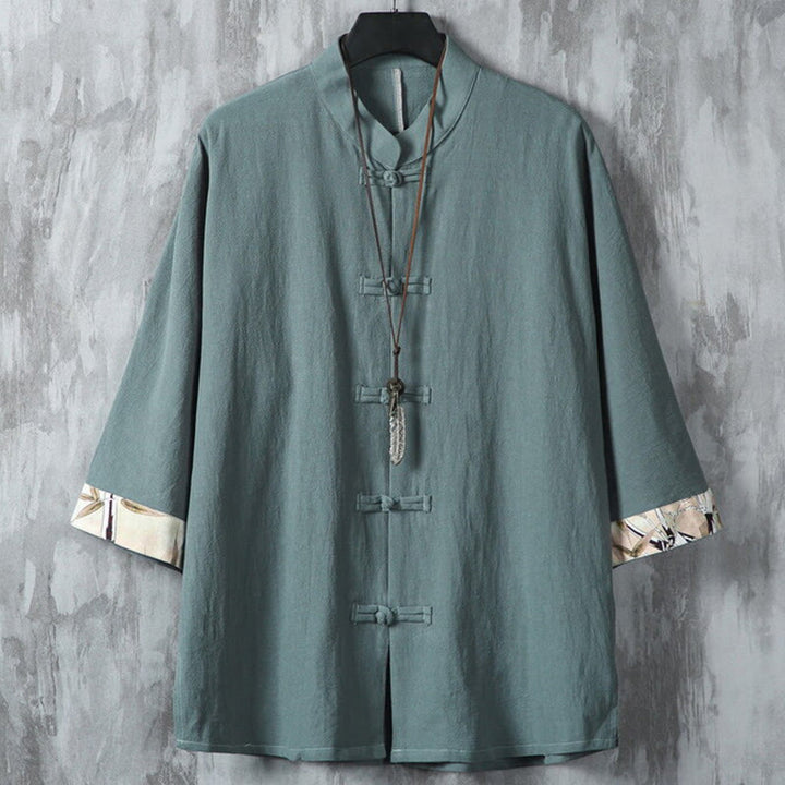 Giacca da uomo in cotone e lino con motivo patchwork a mezza manica con bottoni a forma di rana Buddha Stones - CadetBlue - US/UK/AU46, EU56 (5XL) - image 0