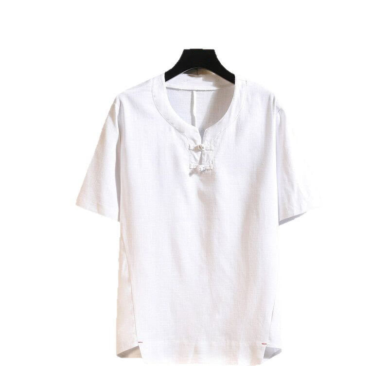 Camicia da uomo in cotone e lino a maniche corte con bottoni, tinta unita, stile estivo cinese Buddha Stones - image 10
