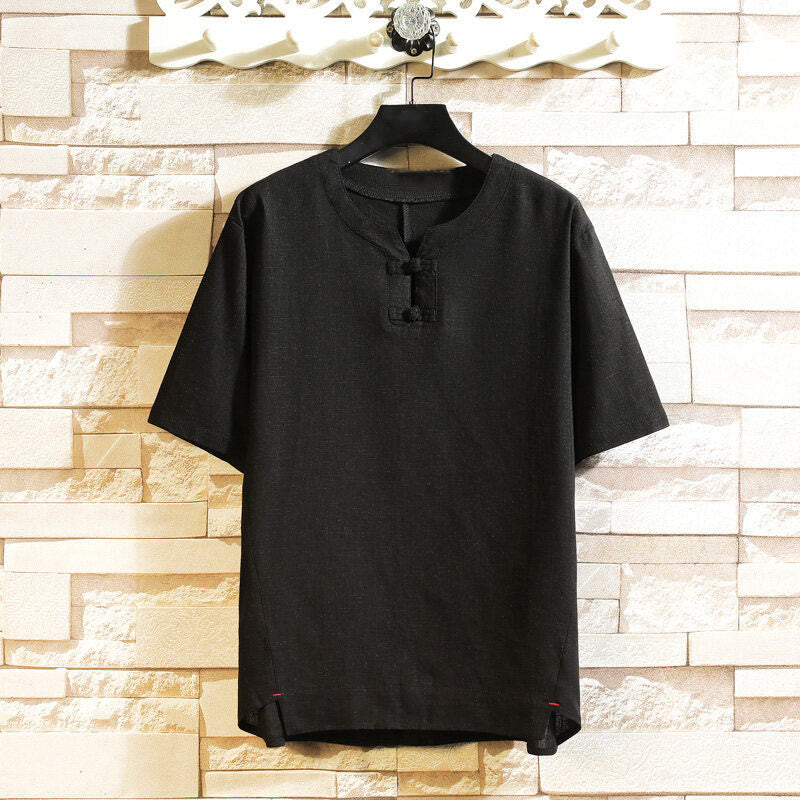 Camicia da uomo in cotone e lino a maniche corte con bottoni, tinta unita, stile estivo cinese Buddha Stones - Nero - US/UK/AU46, EU56 (5XL) - image 1