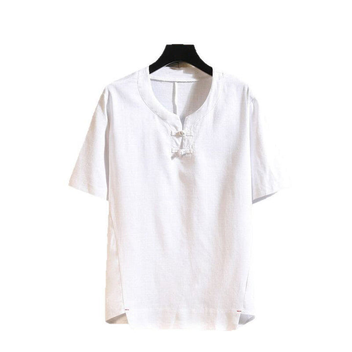 Camicia da uomo in cotone e lino a maniche corte con bottoni, tinta unita, stile estivo cinese Buddha Stones